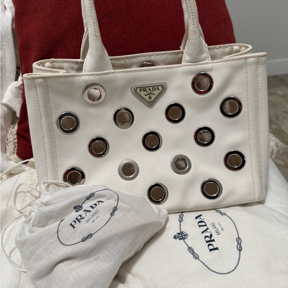 Prada Canapa Silver and White Tote with Design